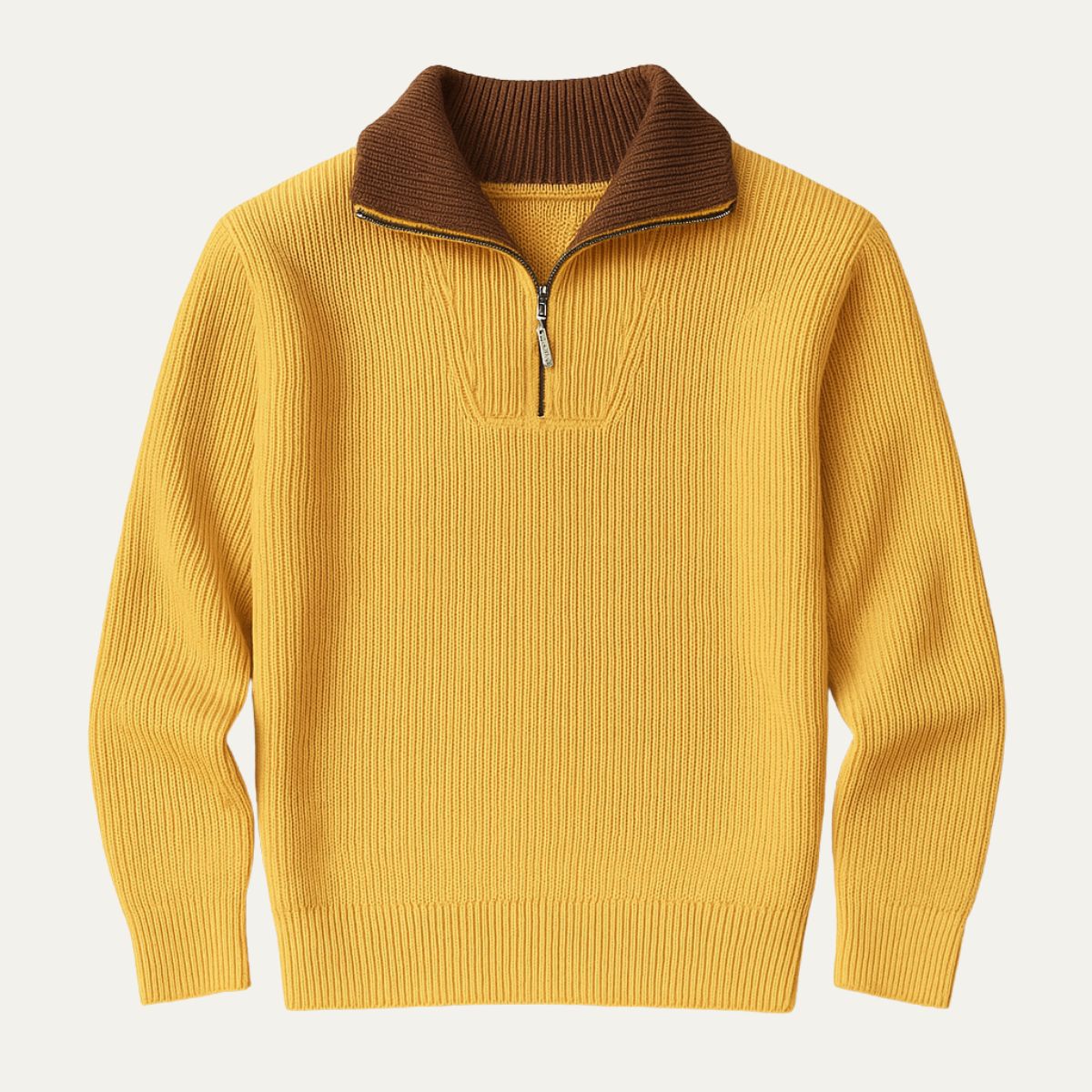 Men's quarter-zip sweater in bright yellow with brown ribbed stand collar