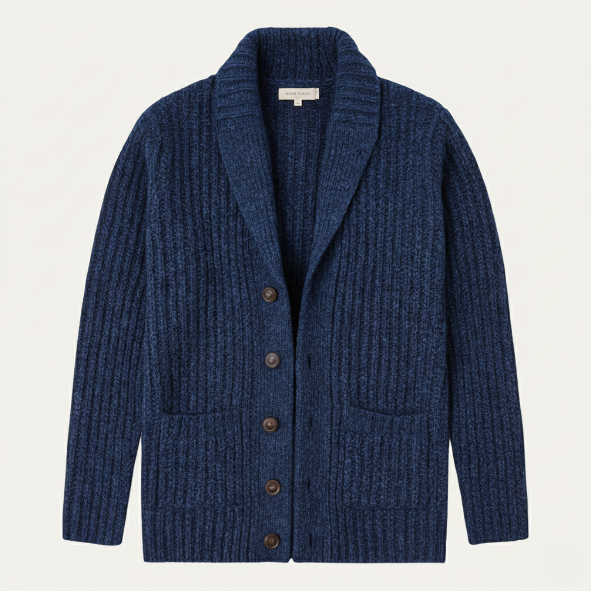 Navy blue chunky knit shawl-collar cardigan with button front and patch pockets