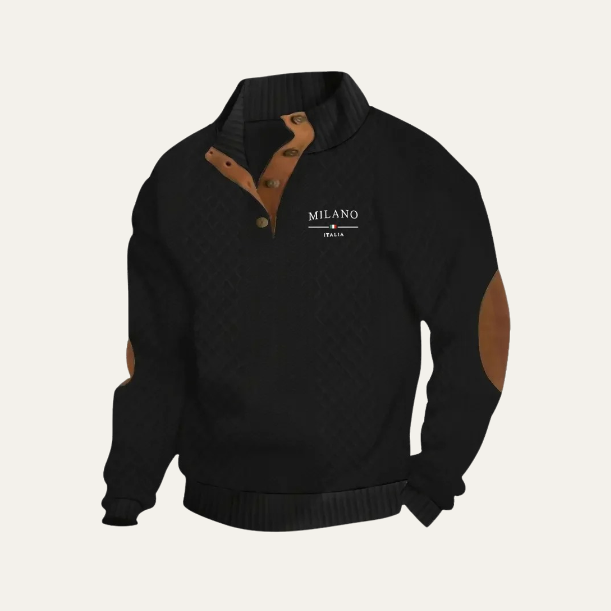 Men's quarter-zip knit sweater in black with tan elbow patches and diamond-knit texture