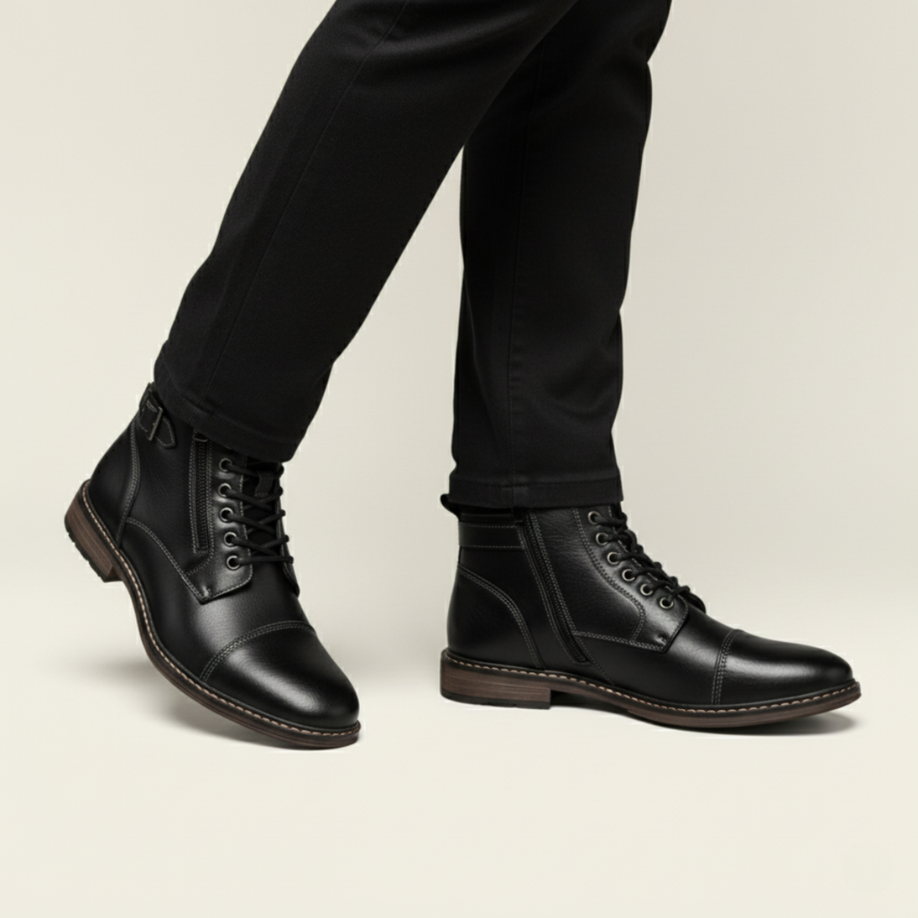 Black leather-look ankle boots with lace-up and side zipper panel.