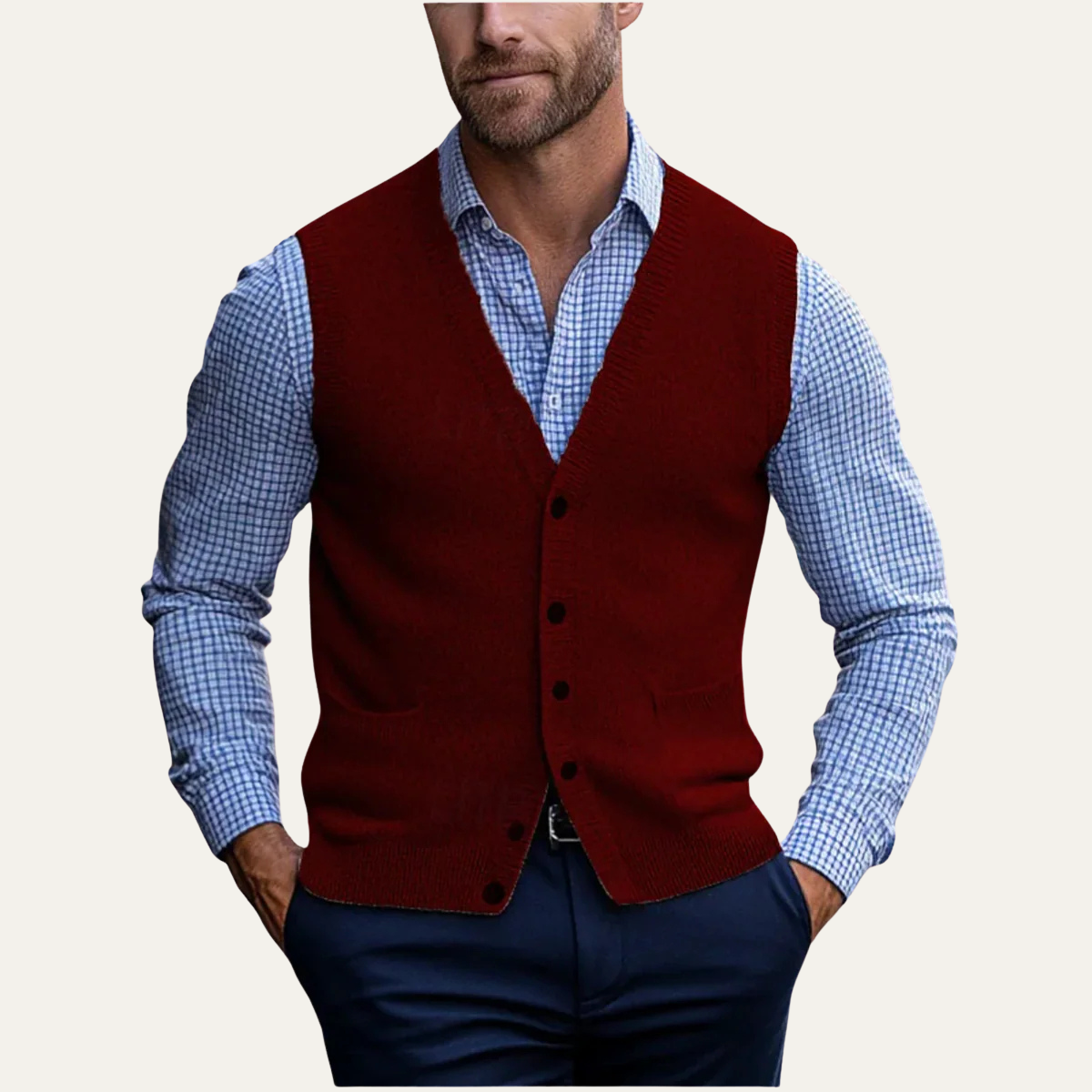 Red knit vest, V-neck button-front with two chest pockets