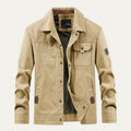 Beige men’s utility jacket with button front and flap chest pocket, multiple utility pockets