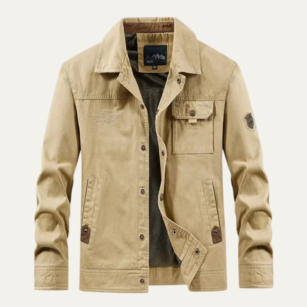 Beige men’s utility jacket with button front and flap chest pocket, multiple utility pockets