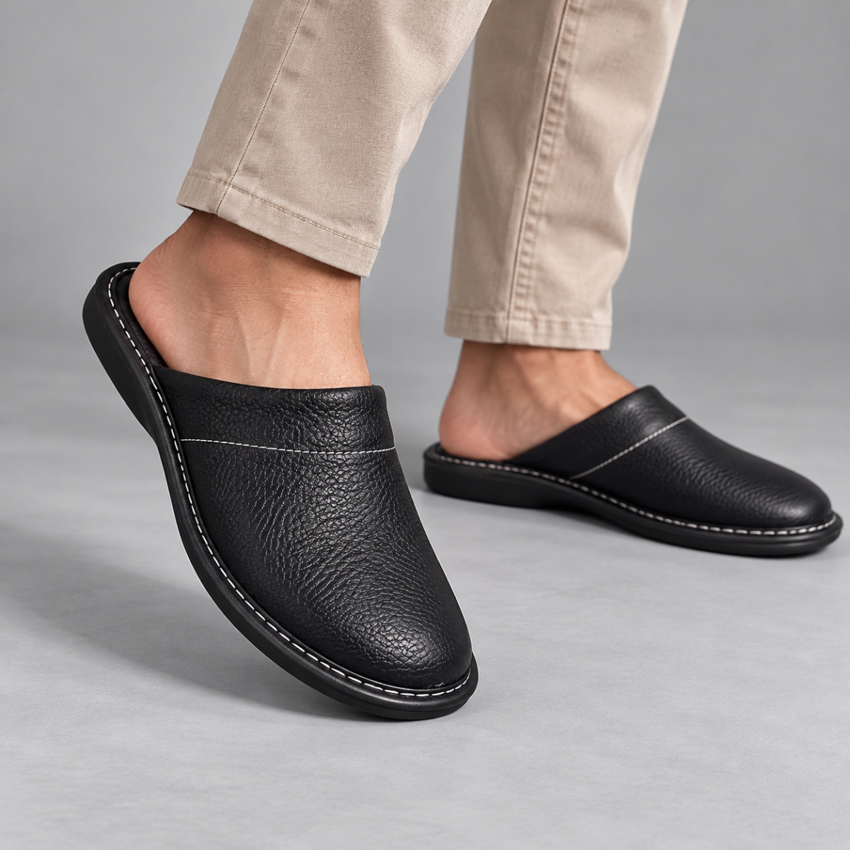 Men's black leather slip-on clog house shoes with stitched apron and trim