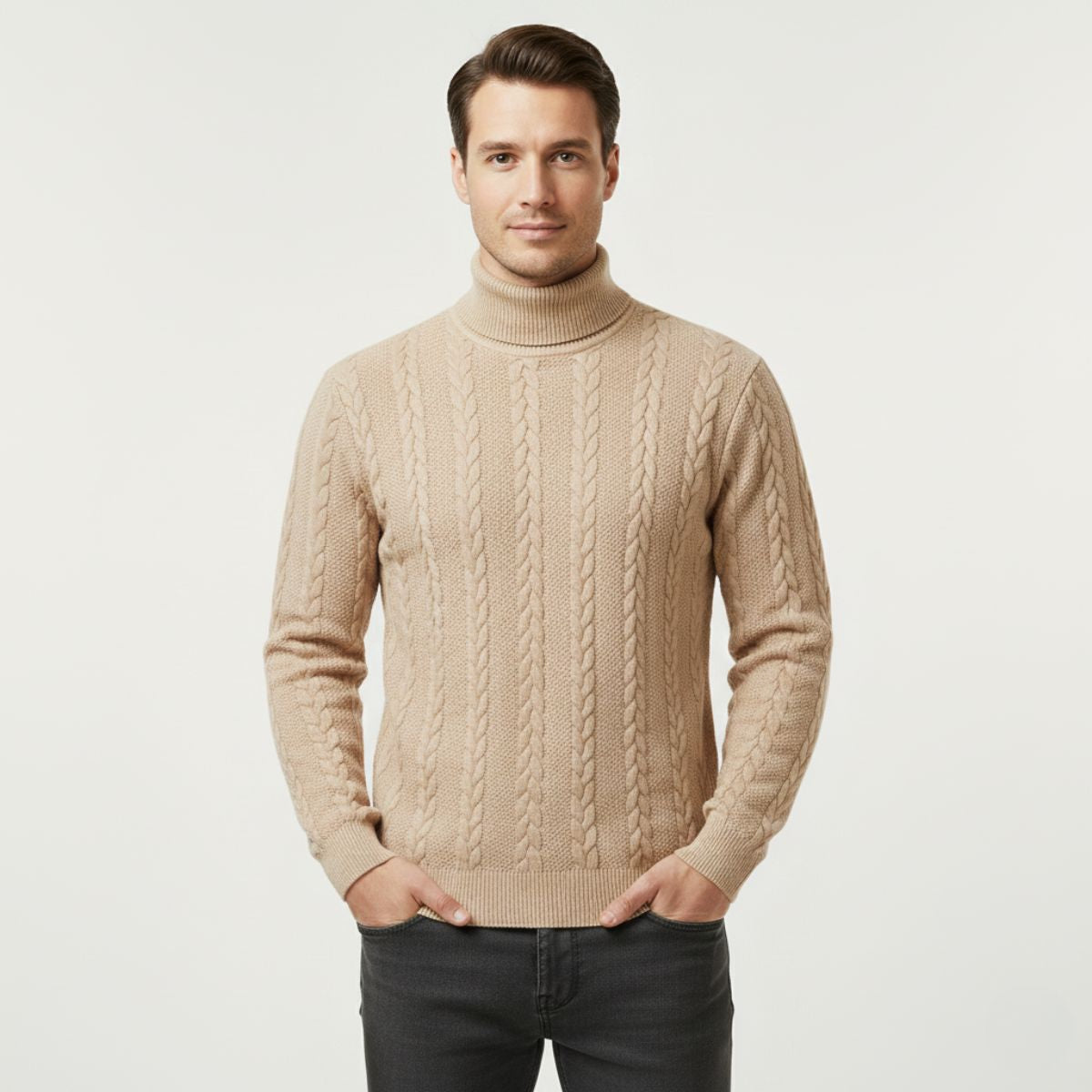 Men's khaki cable knit turtleneck sweater on model, long sleeves