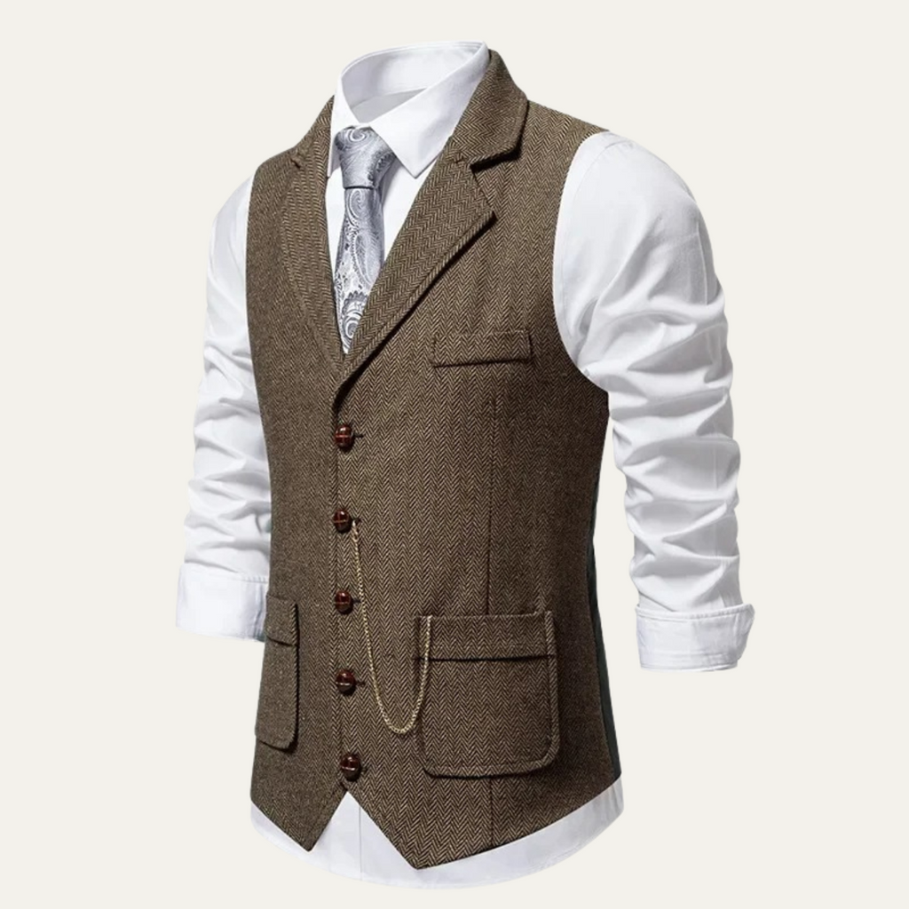 Men's coffee brown tweed suit vest with notch lapels and front button closure