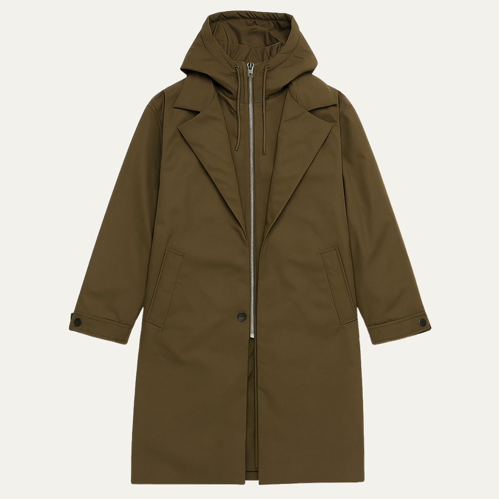 Men's army green hooded long parka with zip front and flap pockets