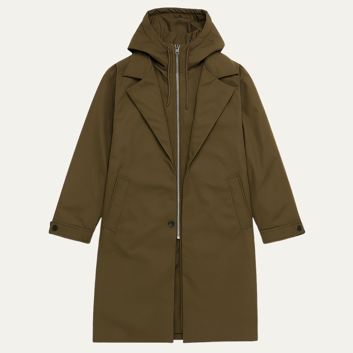 Men's army green hooded long parka with zip front and flap pockets