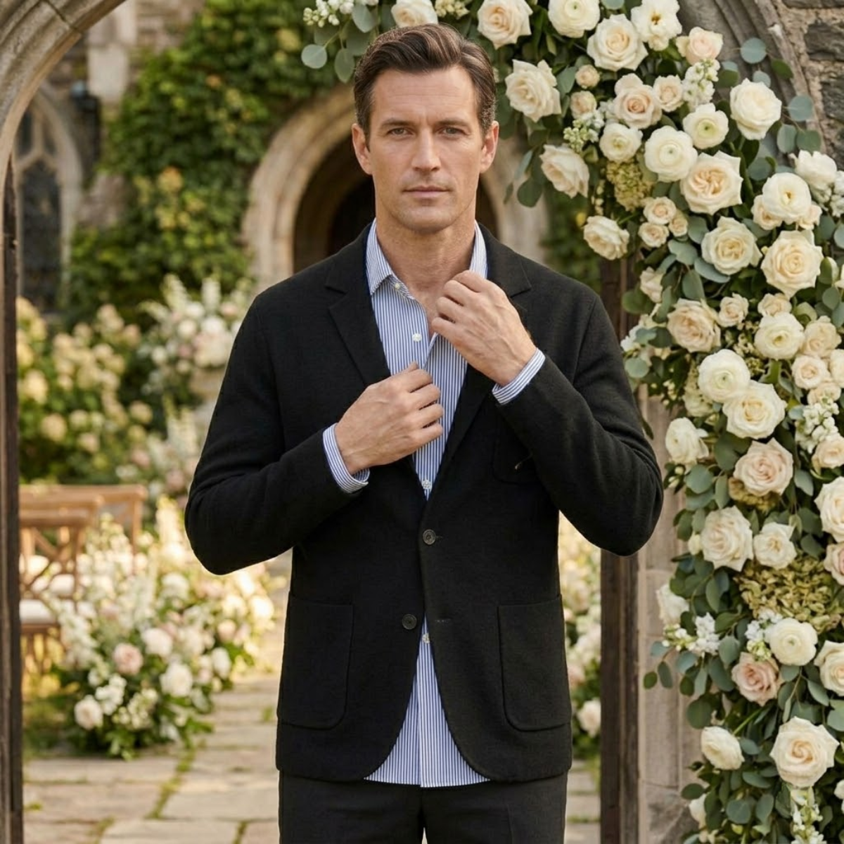 Black cotton summer blazer with notch lapels, two front pockets, and chest pocket; striped shirt