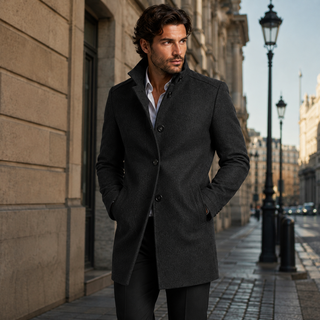 Men's dark gray wool-blend coat with button front and warm lining