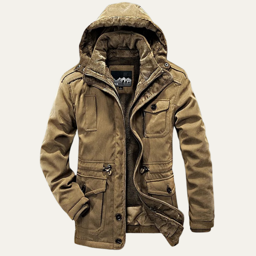 Men's insulated hooded parka jacket, khaki with faux-fur trimmed hood and four pockets