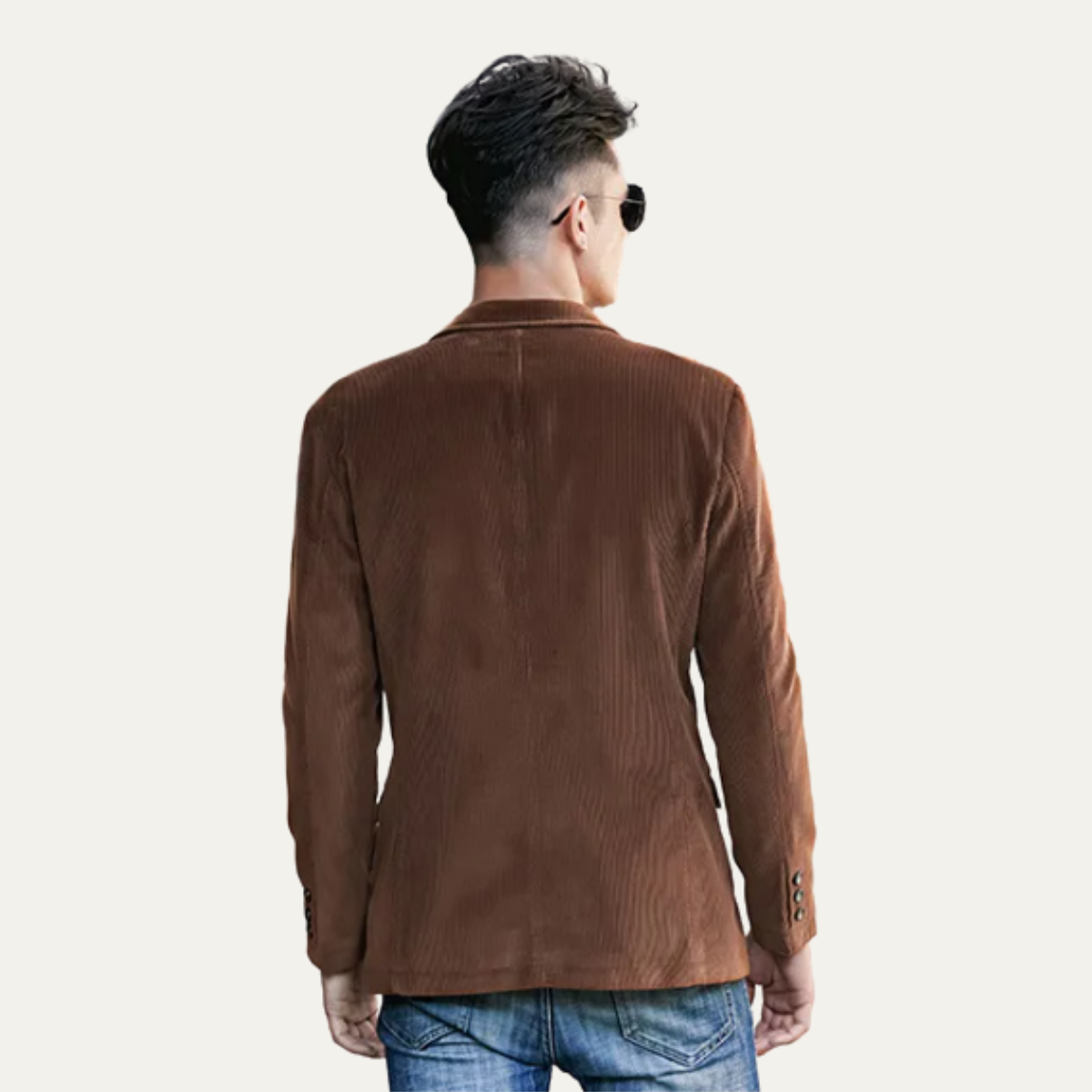 Men’s brown corduroy blazer back view with textured vertical wales