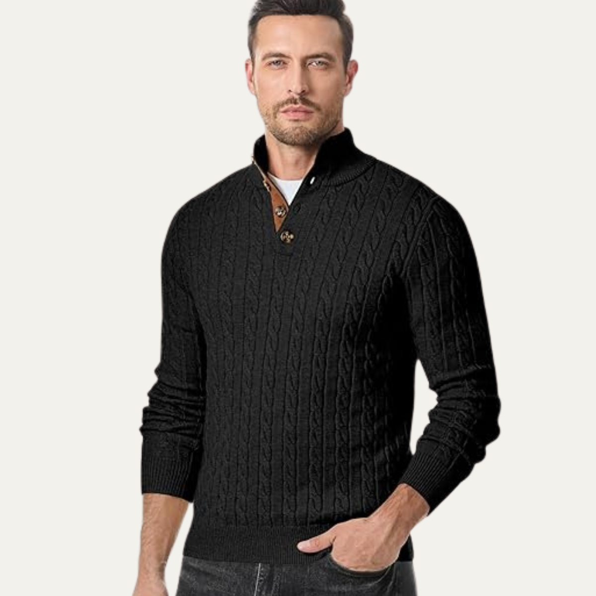Men's black cable-knit collar-stand sweater with brown leather button placket