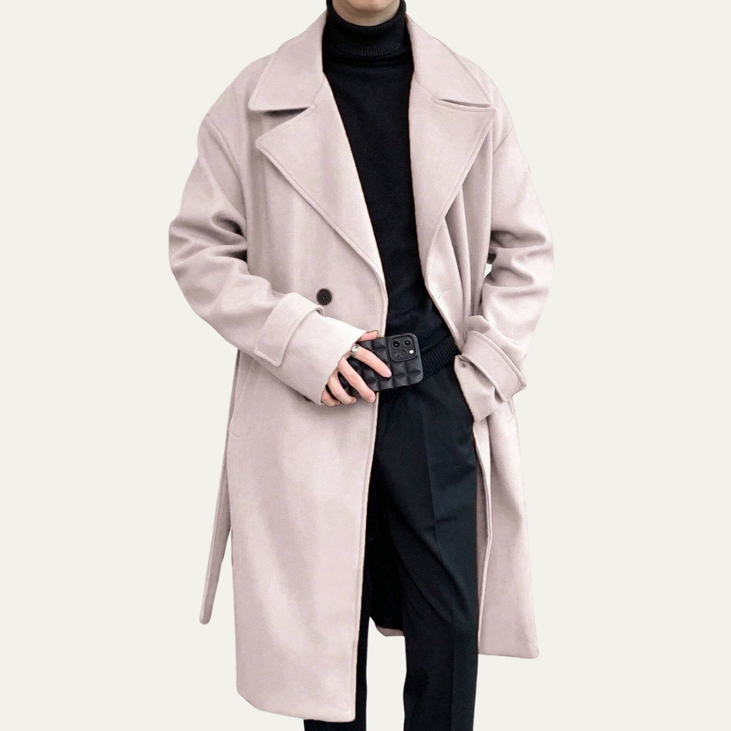 Light beige long overcoat with notched lapels and tie-belt at waist