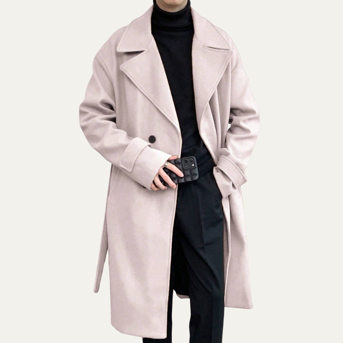 Light beige long overcoat with notched lapels and tie-belt at waist
