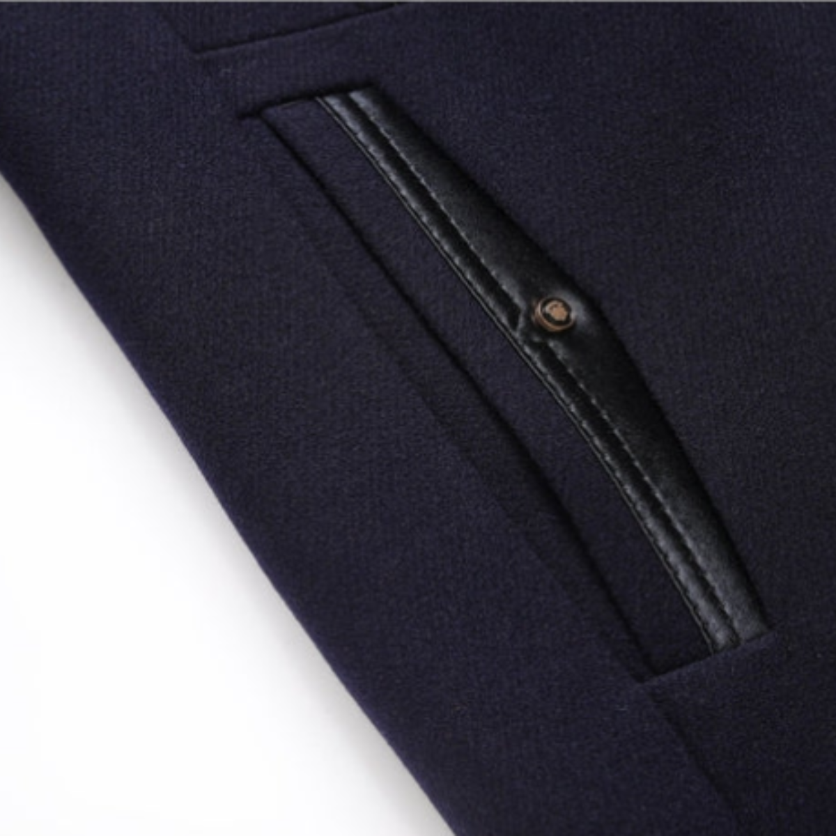 Men's wool coat pocket flap with black leather-trim detail