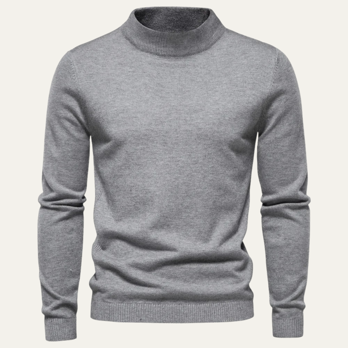 Men's slim fit gray turtleneck sweater with long sleeves and ribbed hem