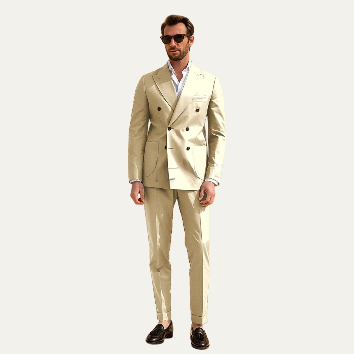 Men’s beige slim fit suit with notched lapel blazer and flat-front trousers