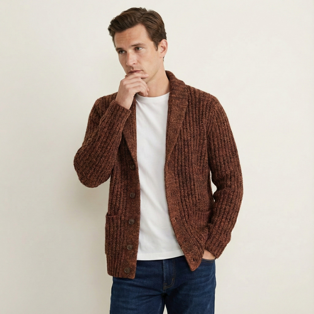 Brown chunky knit cardigan with shawl collar, button front, and ribbed cuffs