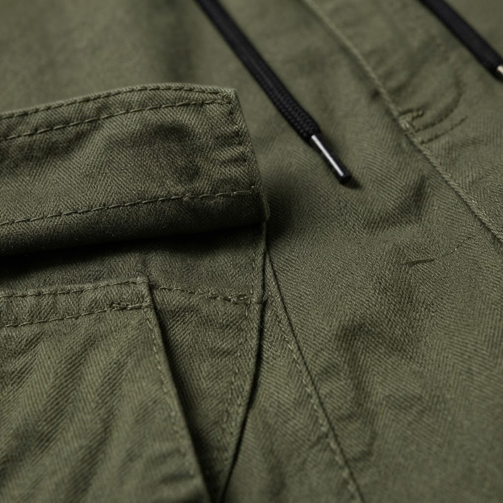 Army-green men’s cargo jogger pants, drawcord hem and side pocket seams