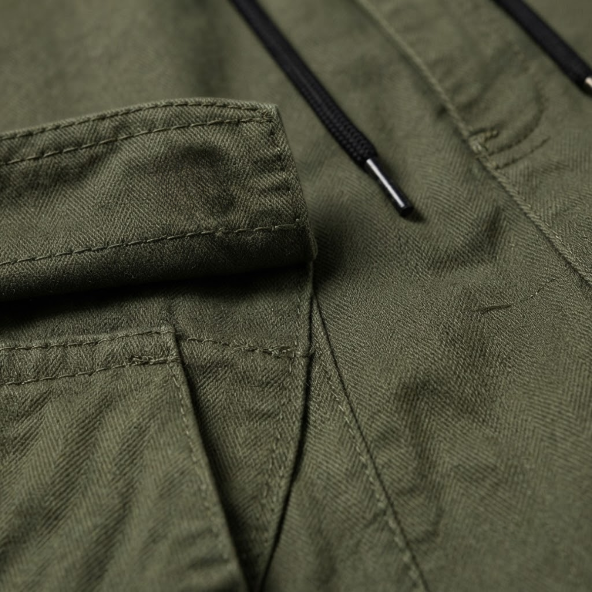 Army-green men’s cargo jogger pants, drawcord hem and side pocket seams