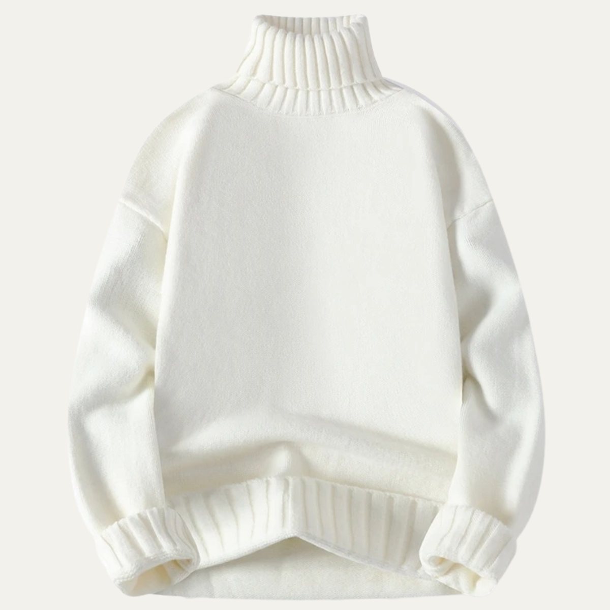 Men’s white soft knit turtleneck sweater with ribbed collar, cuffs, and hem