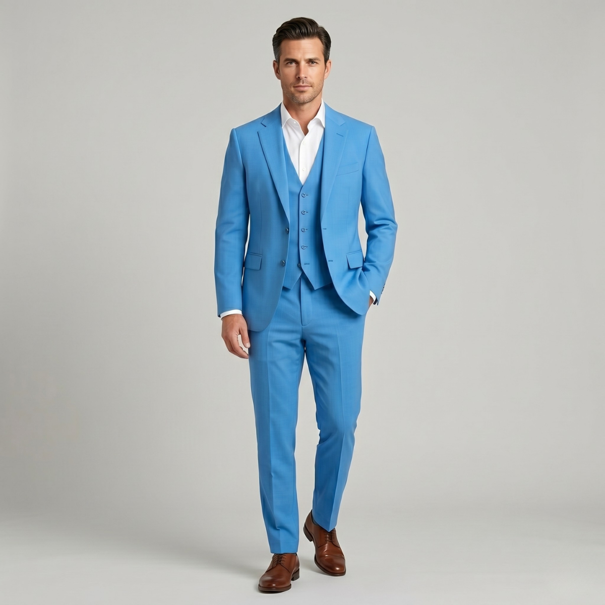 Men's slim-fit 3-piece suit in sky blue with vest and trousers, worn with a white shirt