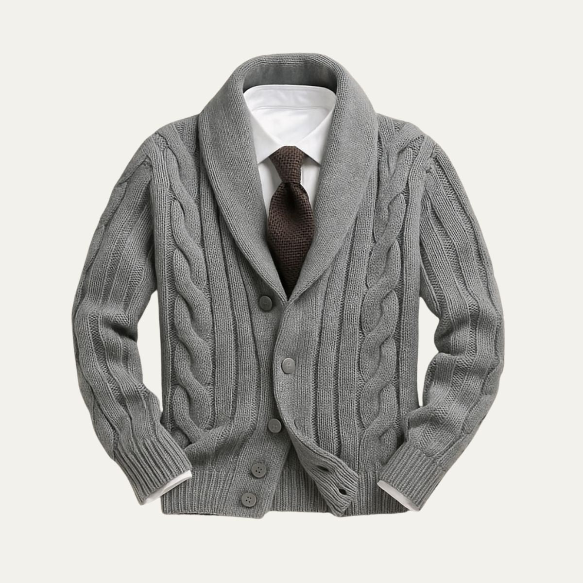 Men’s gray knitted cardigan laid flat with cable texture, button-front and shawl collar