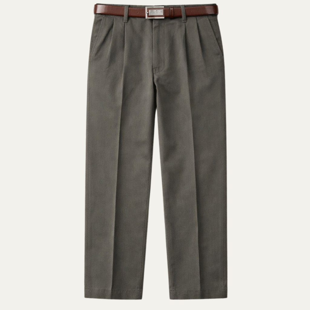 Men's double-pleated high-waist straight-leg pants in gray green, belt loops