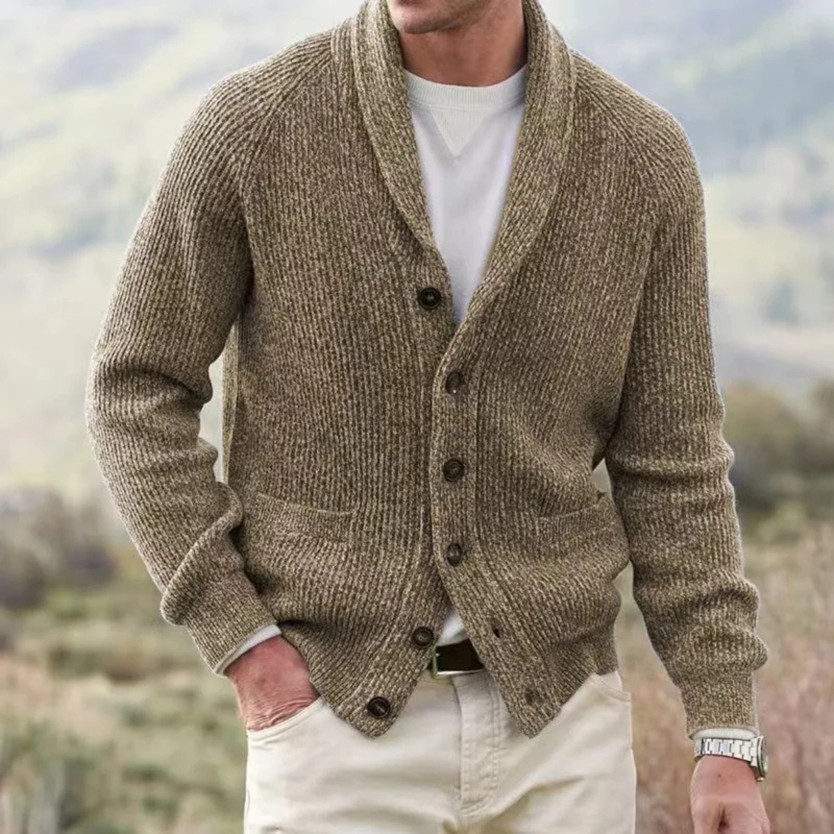 Men's warm knitted cardigan, khaki, turn-down collar, button front, patch pockets