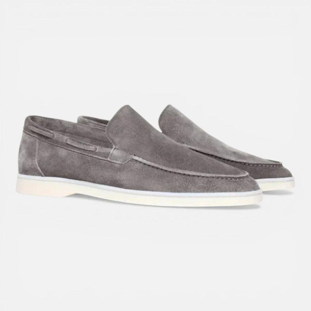 Men's gray suede casual loafers, slip-on moc toe style with light sole