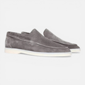 Men's gray suede casual loafers, slip-on moc toe style with light sole