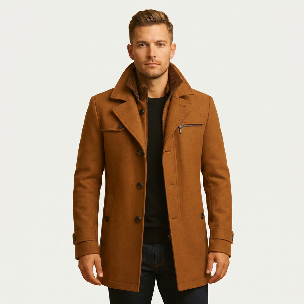 Brown wool-blend overcoat on model, double-breasted front, stand collar, flap pockets