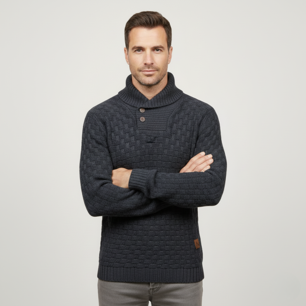 Men's chunky knit sweater, dark charcoal with buttoned mock neck