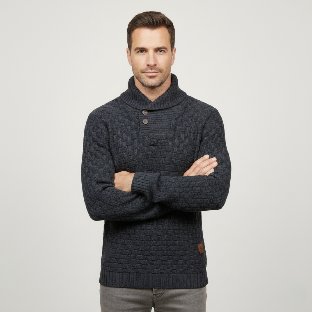 Men's chunky knit sweater, dark charcoal with buttoned mock neck