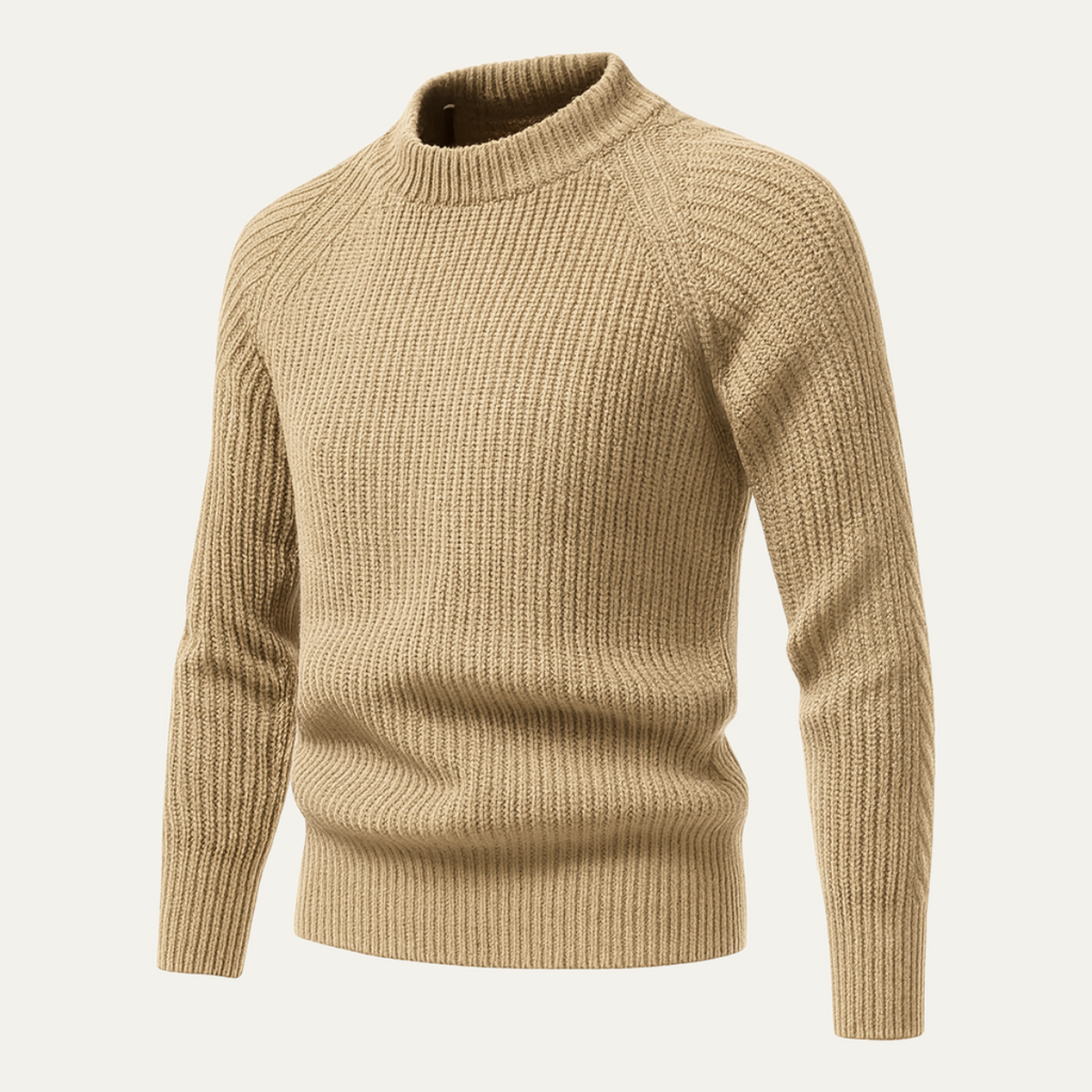 Men's khaki cashmere crewneck sweater, textured knit and ribbed neckline