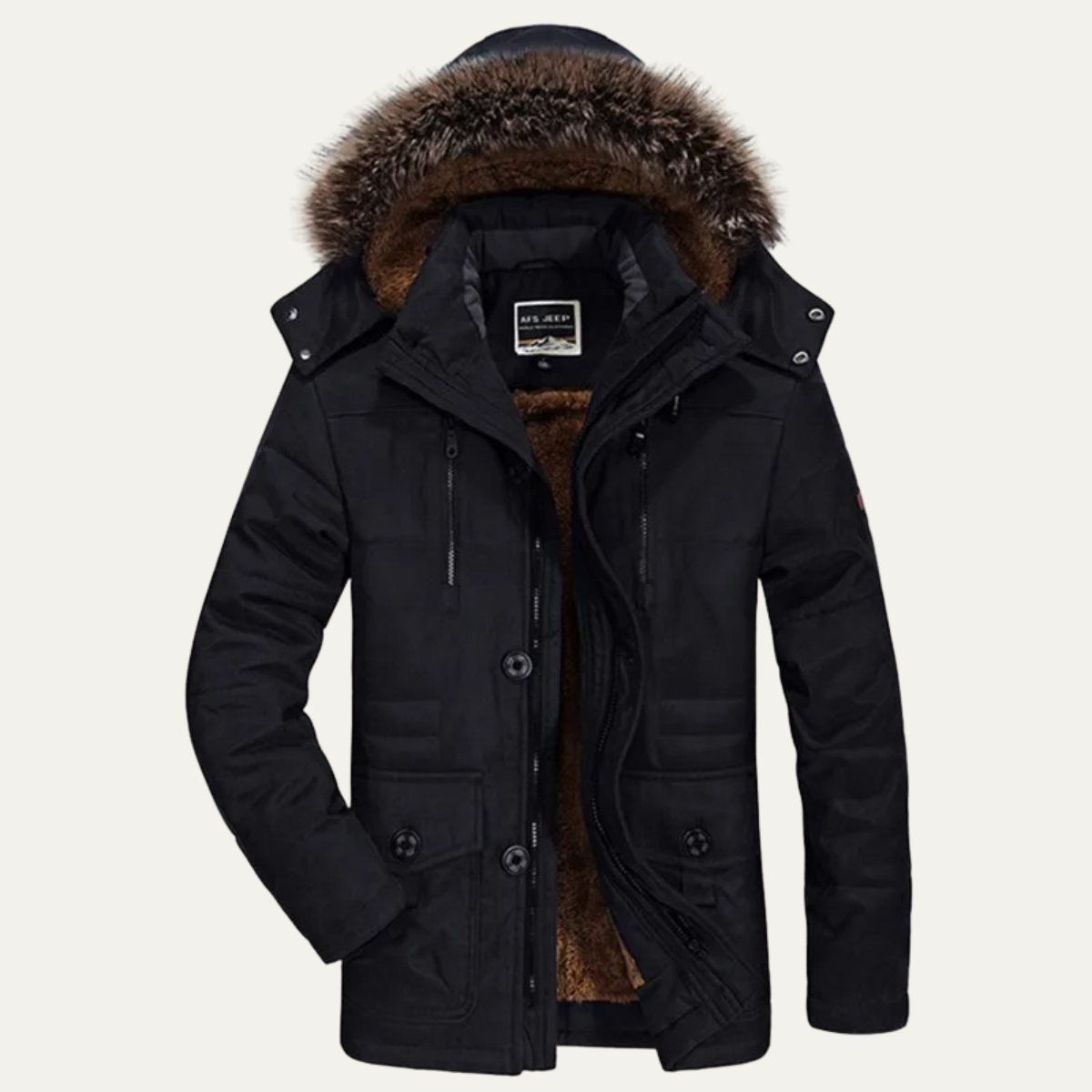 Men's black puffer jacket with fur-trim hood, front buttons and zip details