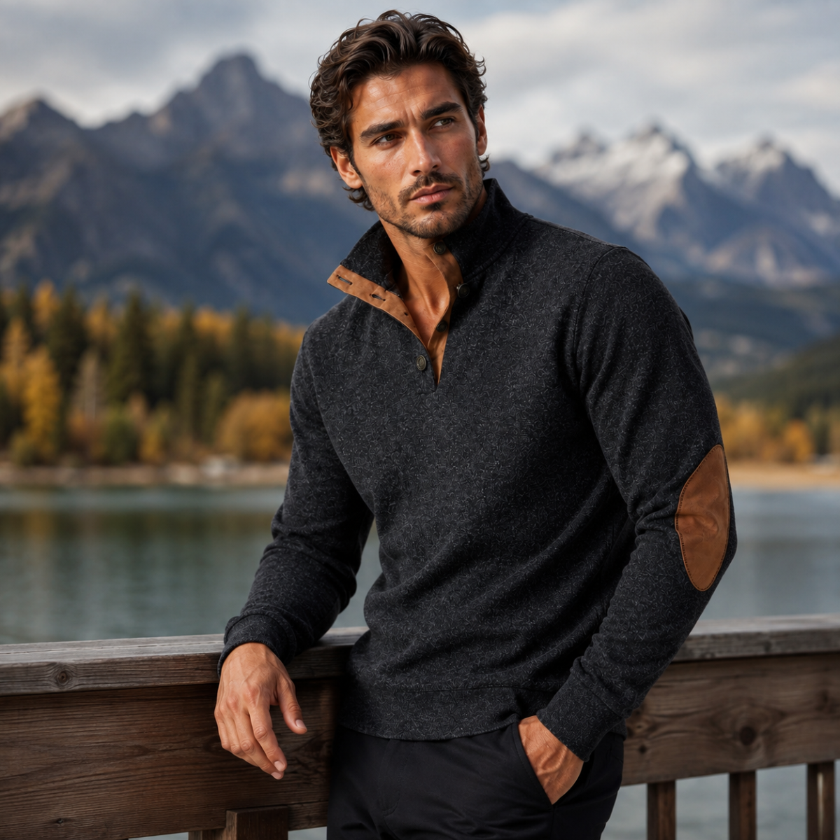 Men's dark charcoal stand-collar fleece sweater with tan suede elbow patches