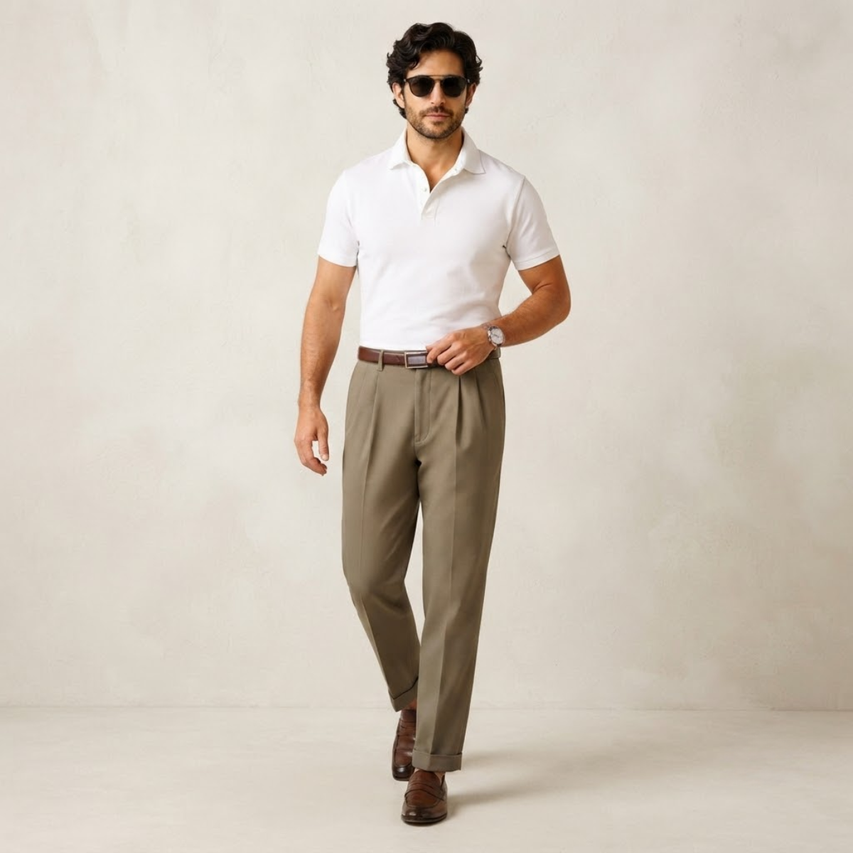 Men's double-pleated high-waist straight-leg pants in dark khaki, belt loops and zip fly
