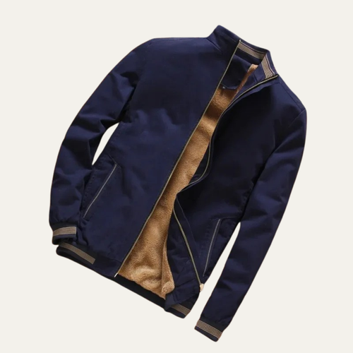 Navy men's sherpa-lined bomber jacket with zip front and ribbed trim