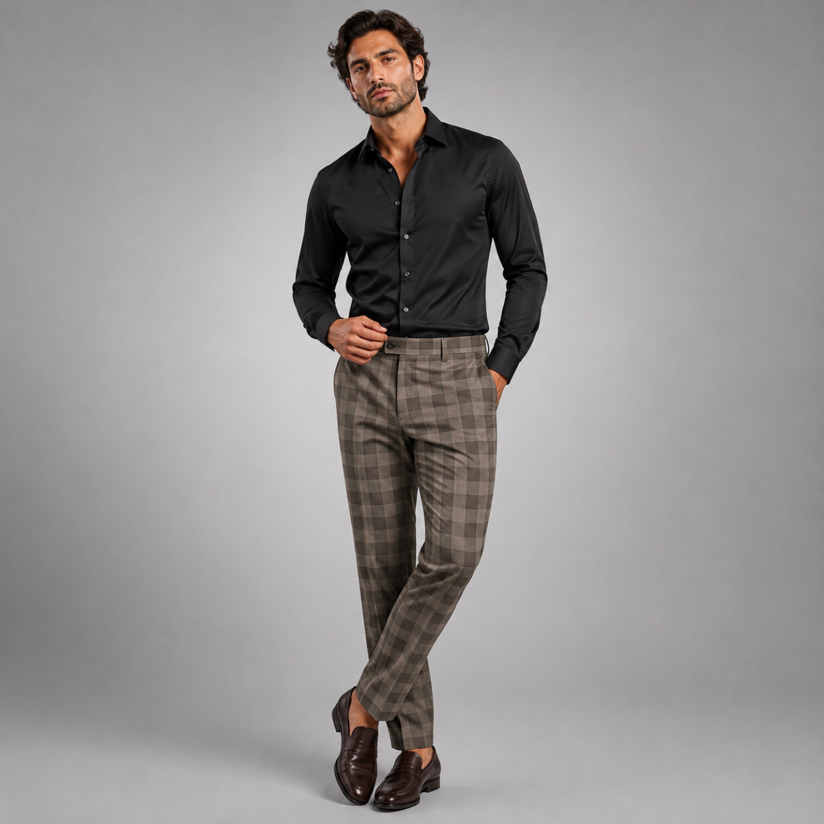 Men's slim-fit checked pants in gray plaid with a tapered leg and belt loops