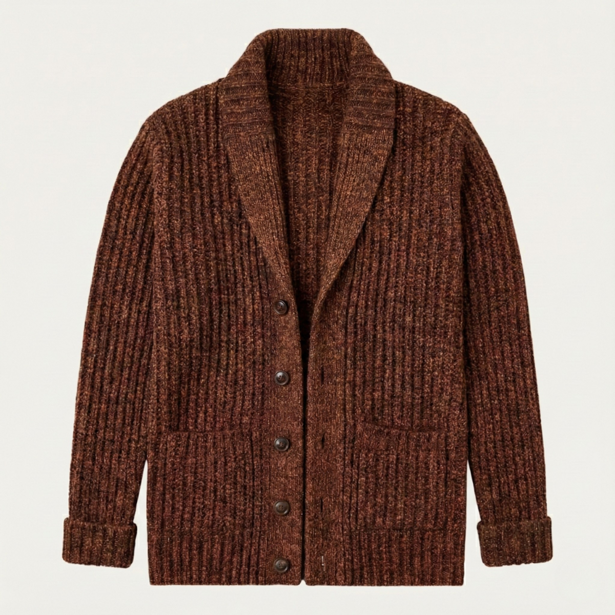 Brown chunky knit shawl-collar cardigan with button front and ribbed knit texture