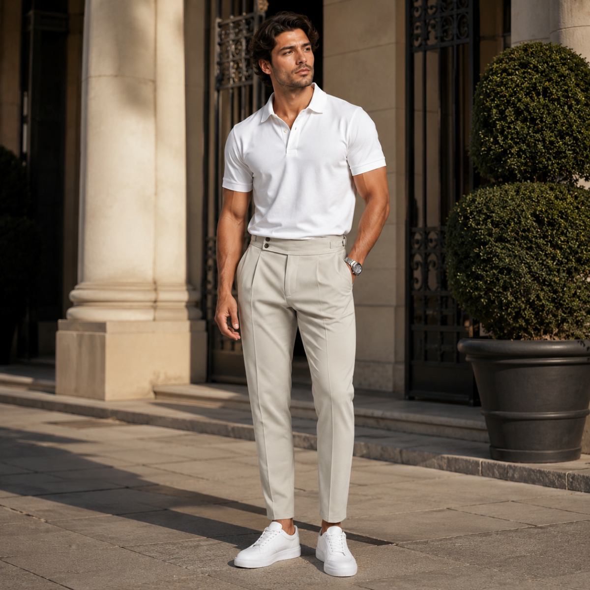 Men’s light-colored slim-fit dress pants with belt loops and tapered fit