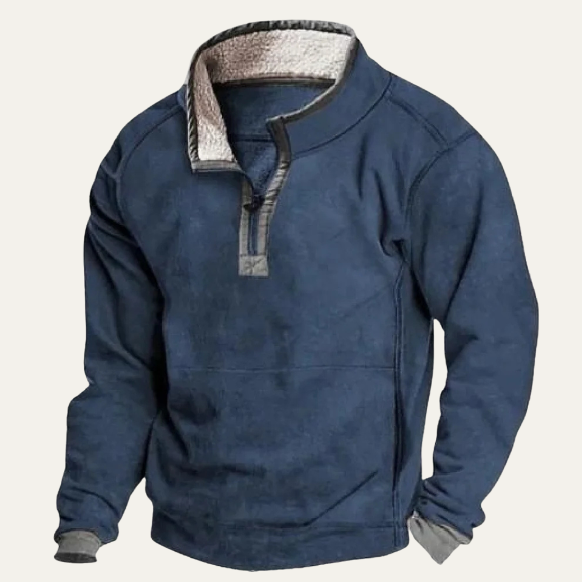 Men's stand-collar outdoor sweater, navy blue half-button pullover with sherpa-lined placket and pocket