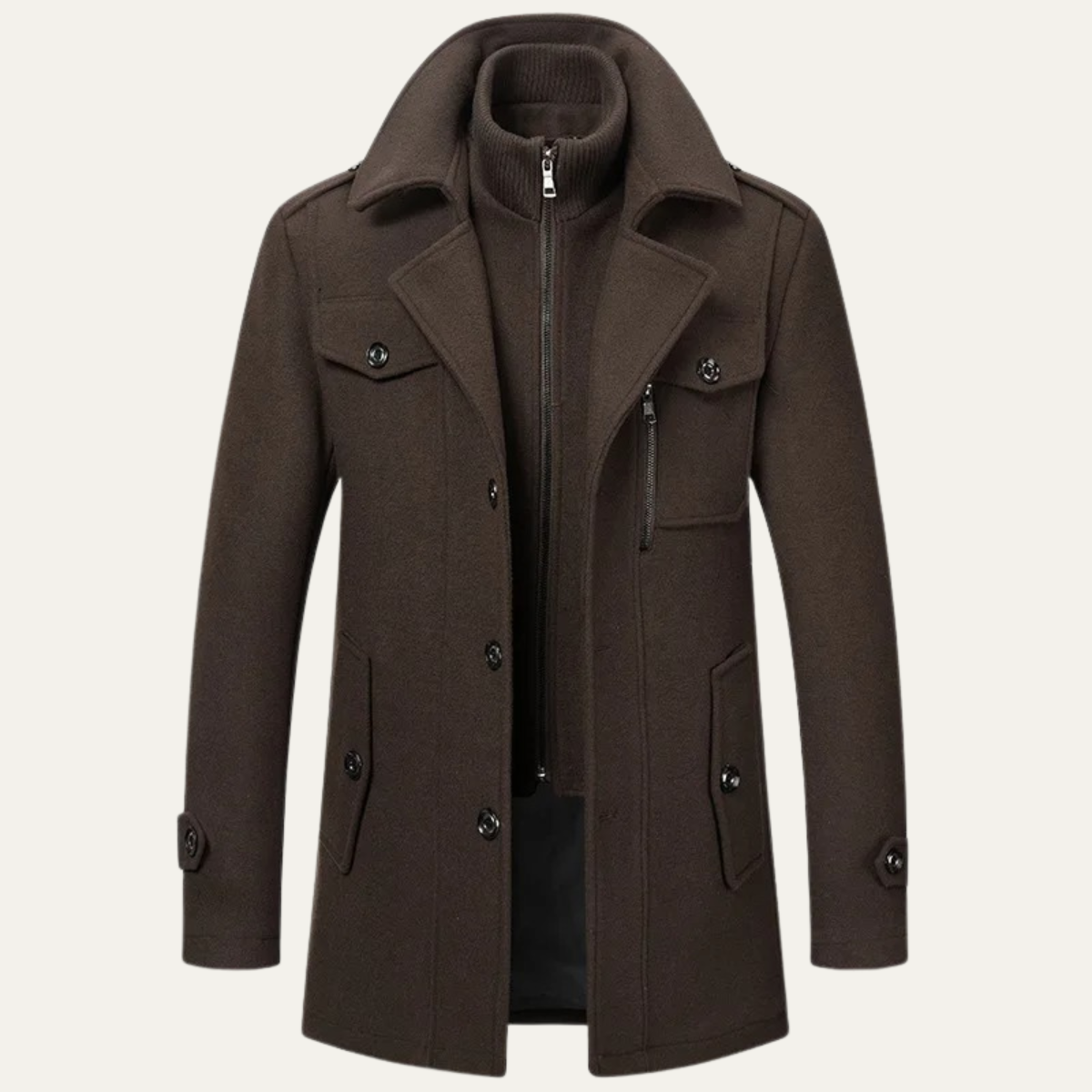 Men's wool-blend coat in brown, stand collar with knit neck, center zipper, flap pockets