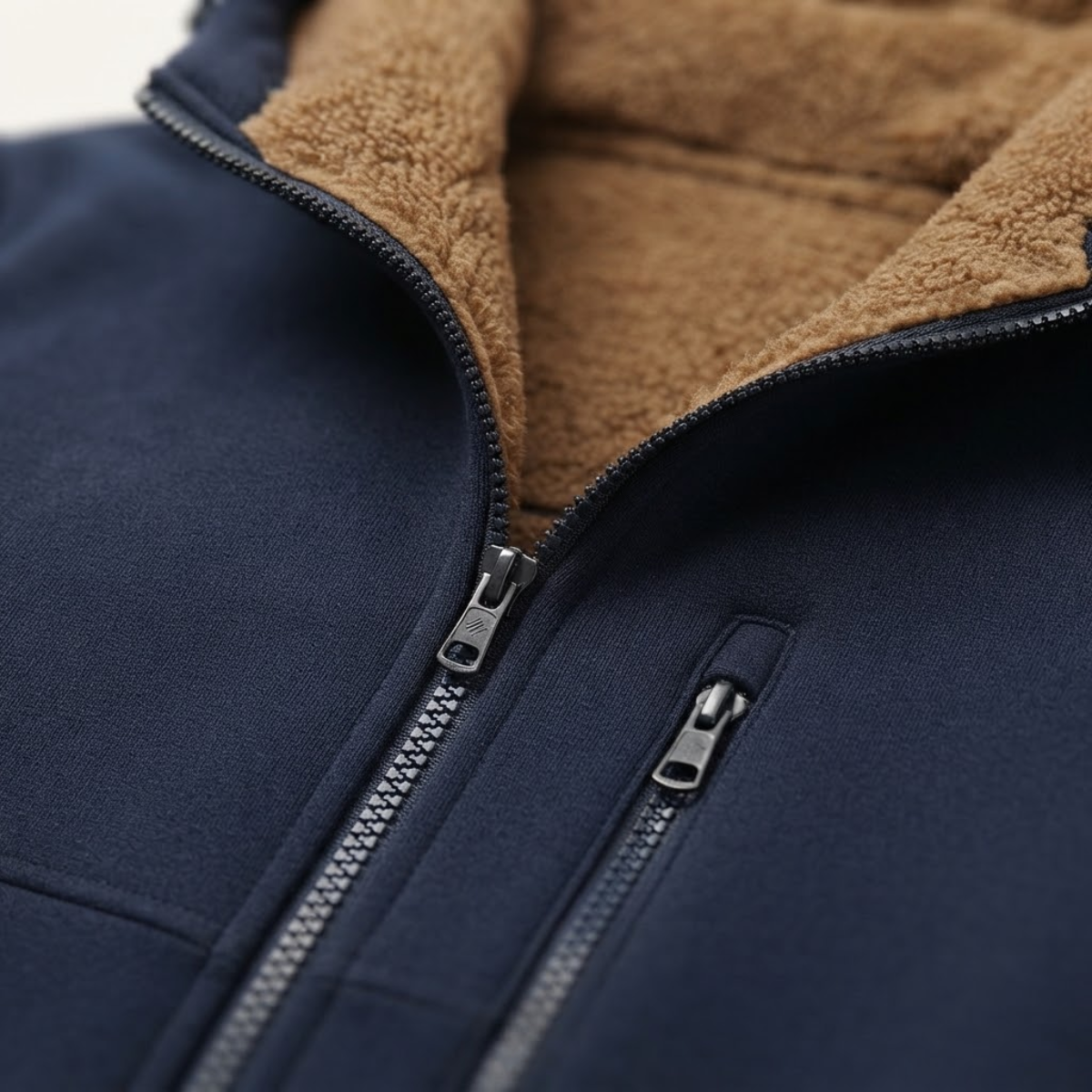 Navy zip-up hooded jacket detail with tan fleece lining and two zipper pulls