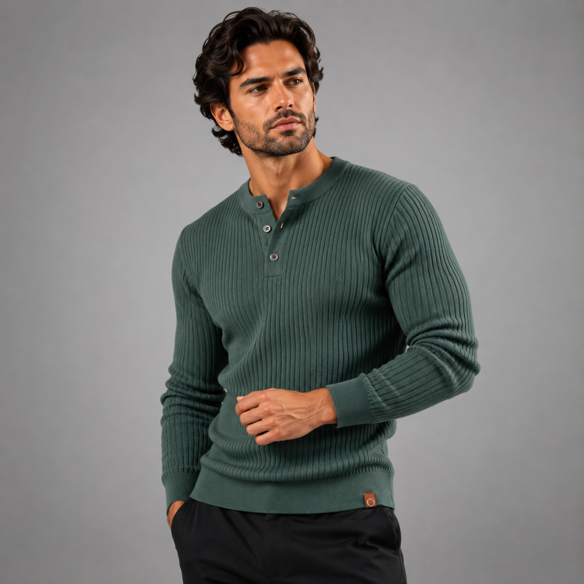 Green ribbed henley knit sweater for men with buttoned neckline and cuffs