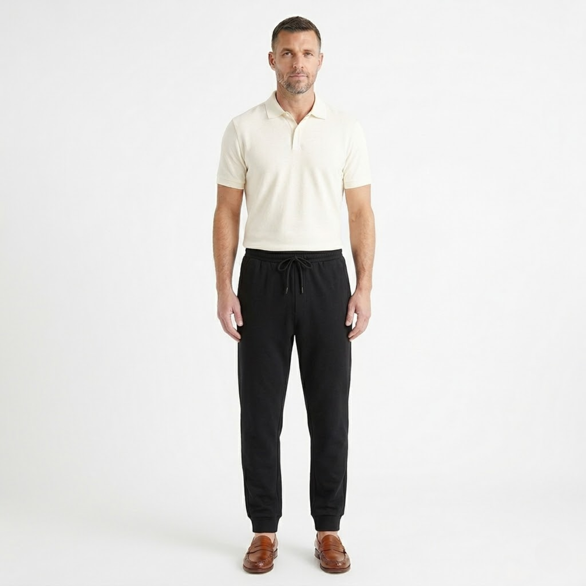 Men's black cotton jogger pants with elastic waist, drawstring, and ankle cuffs