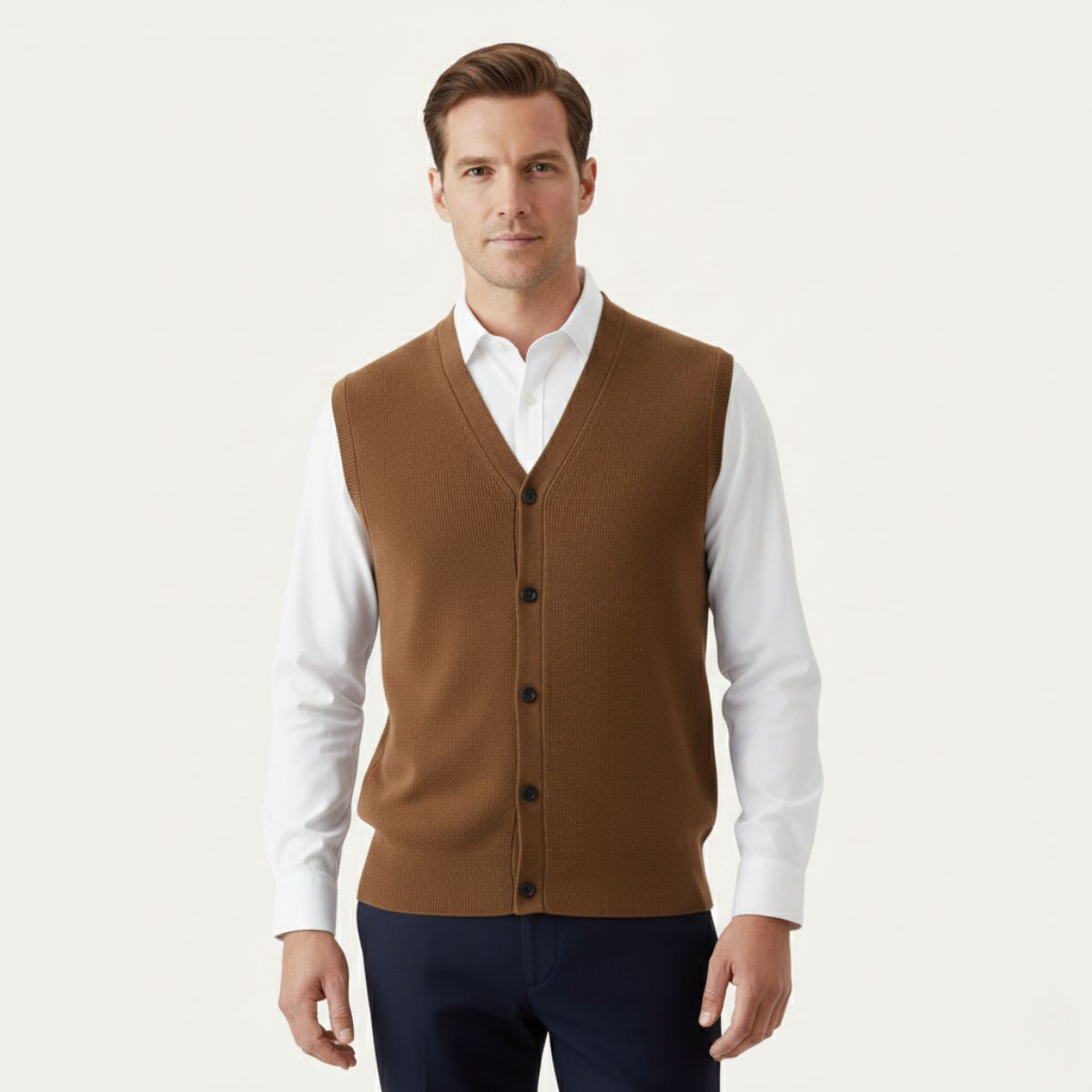 Men’s brown knit waistcoat sweater vest worn over a white button-up shirt.