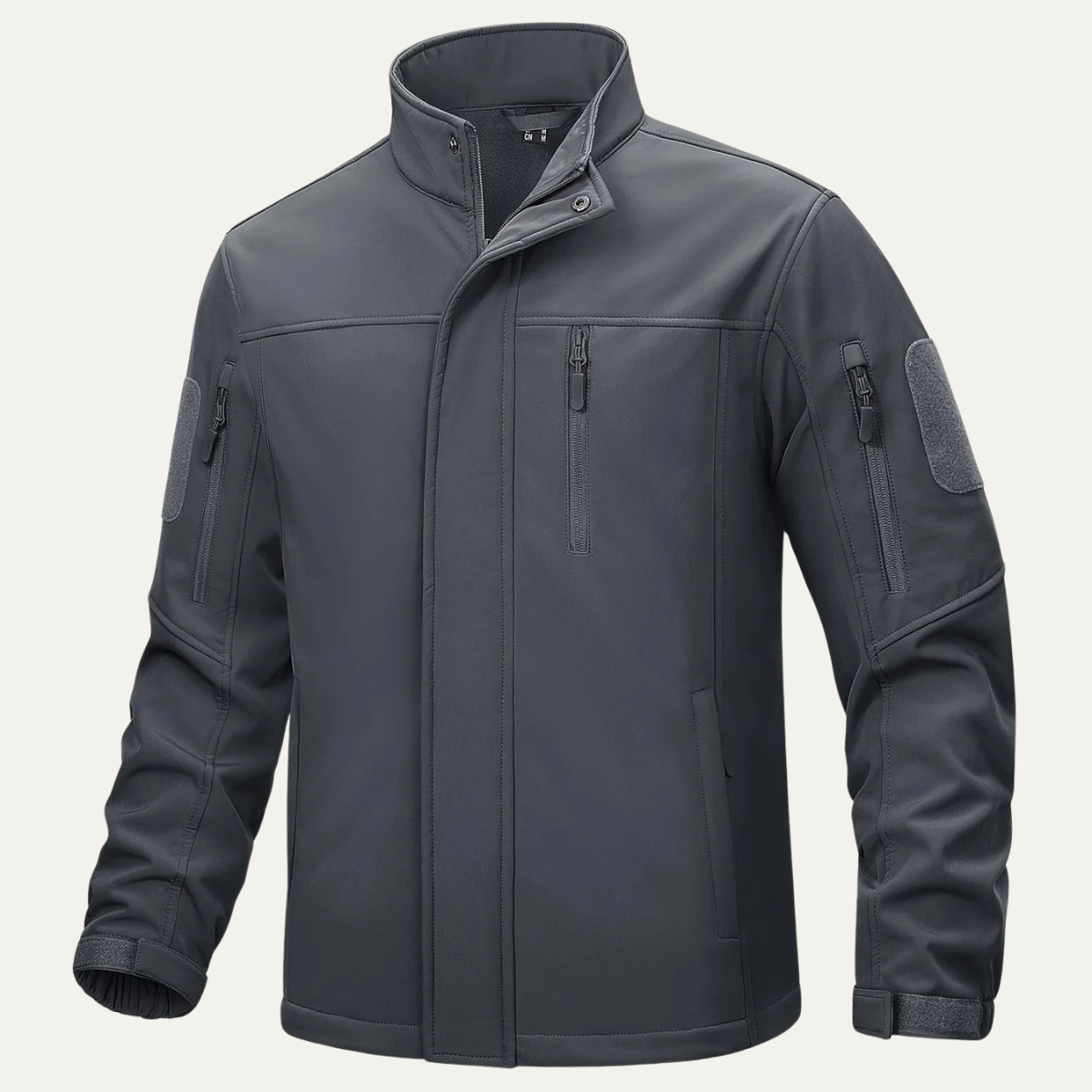 Men's tactical windproof jacket, charcoal gray full-zip with stand collar and sleeve utility pocket